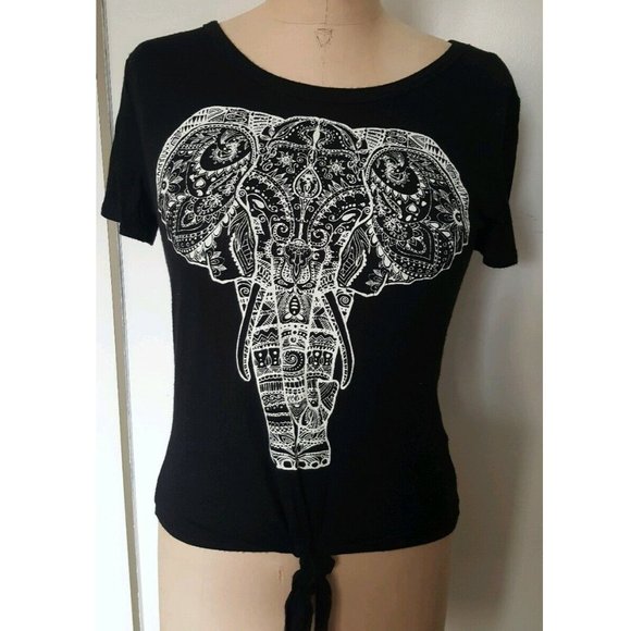 Moonchild Elephant black rhinestone tie front crochet lace back t shirt tee top - Picture 1 of 13